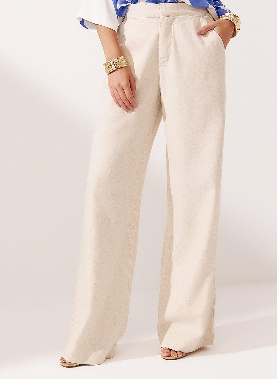 Cal�a Feminina Agata Wide Leg Linho Flor de Lis - Foto 4