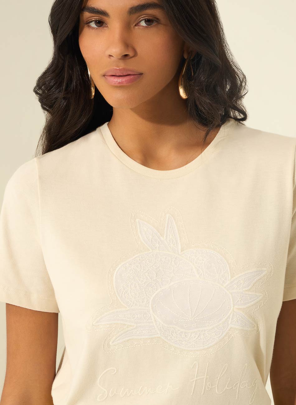 T-shirt Bege Com Bordado Lez a Lez - Foto 3