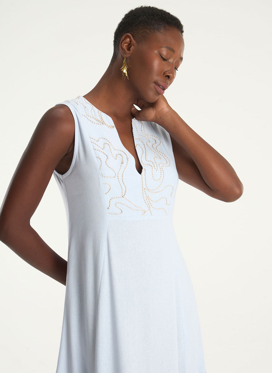 Vestido Longo Linho Bordado Azul Cant�o - Foto 6