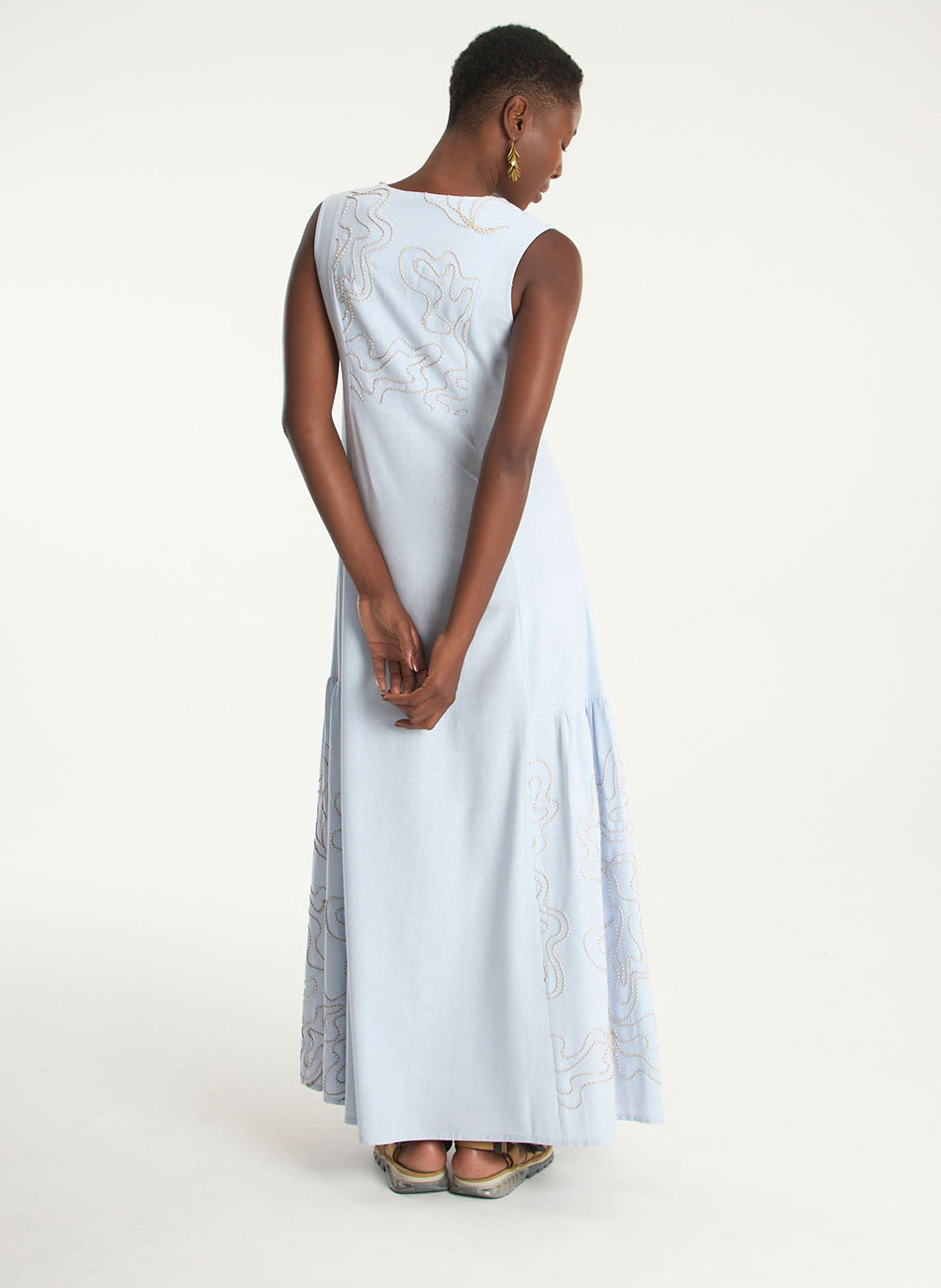 Vestido Longo Linho Bordado Azul Cant�o - Foto 7