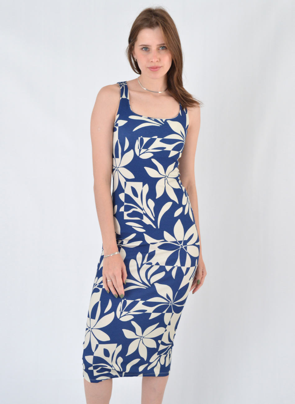 Vestido Midi Malha Canelado Estampado Flor de Lis - Foto 1
