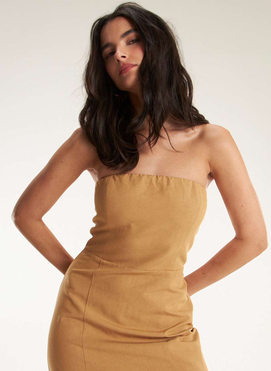 Vestido Tomara que Caia Bege Linho Relica Cant�o  - Foto 3