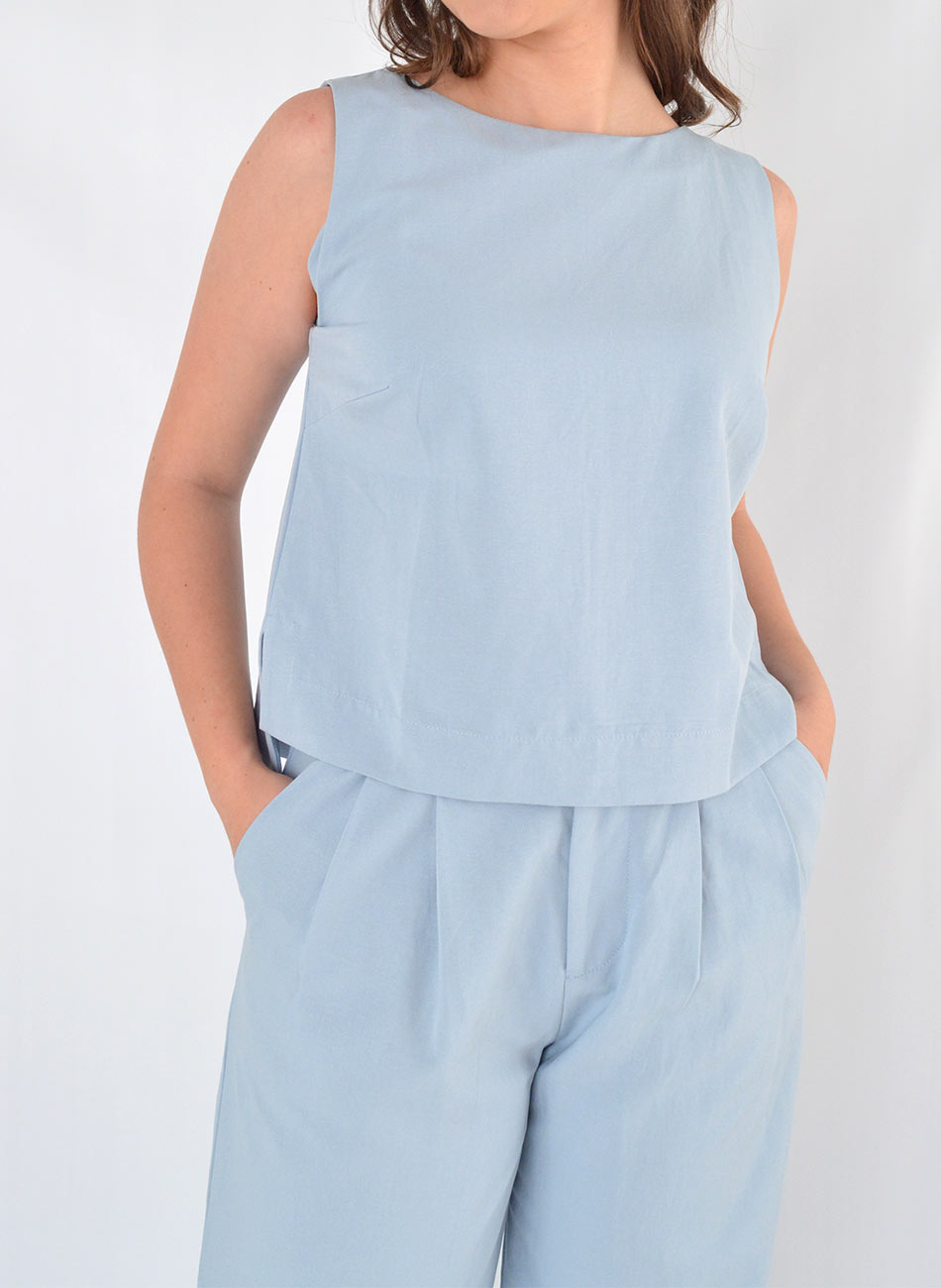Blusa Regata Azul Linho Relica Cant�o  - Foto 4