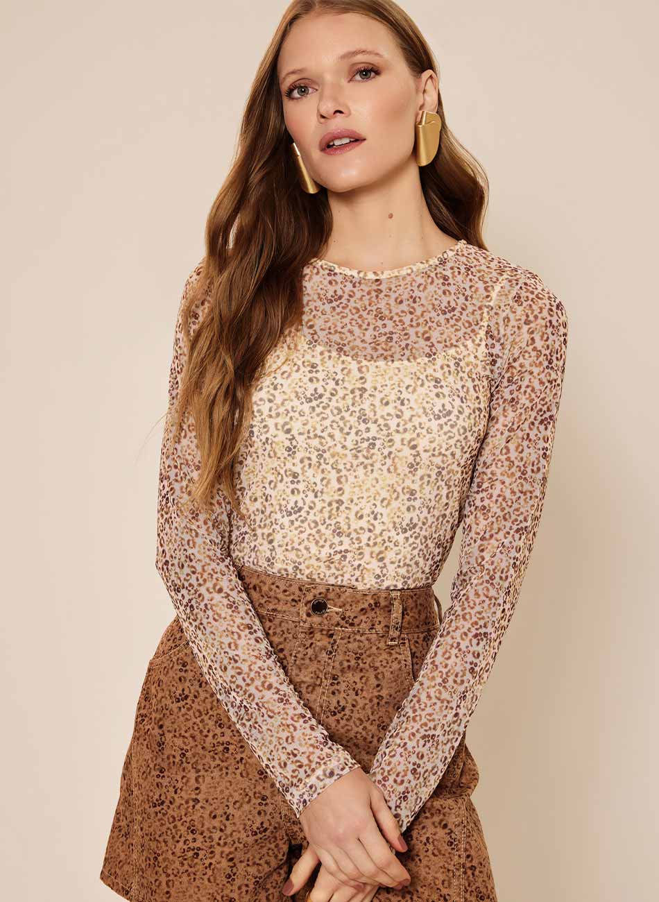 Blusa Bege Animal Print Tule Lez a Lez - Foto 1