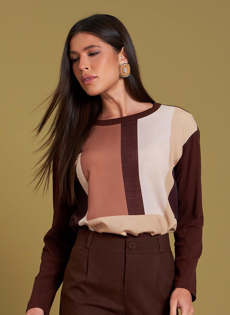 Blusa Viscose Canelada Frente em Chiffon Gatos e Atos Marrom - Foto 1