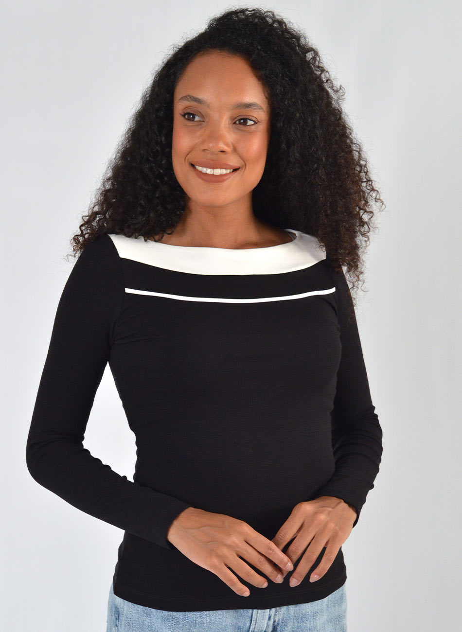 Blusa Bicolor Viscose Canelada Preto Gatos e Atos  - Foto 2