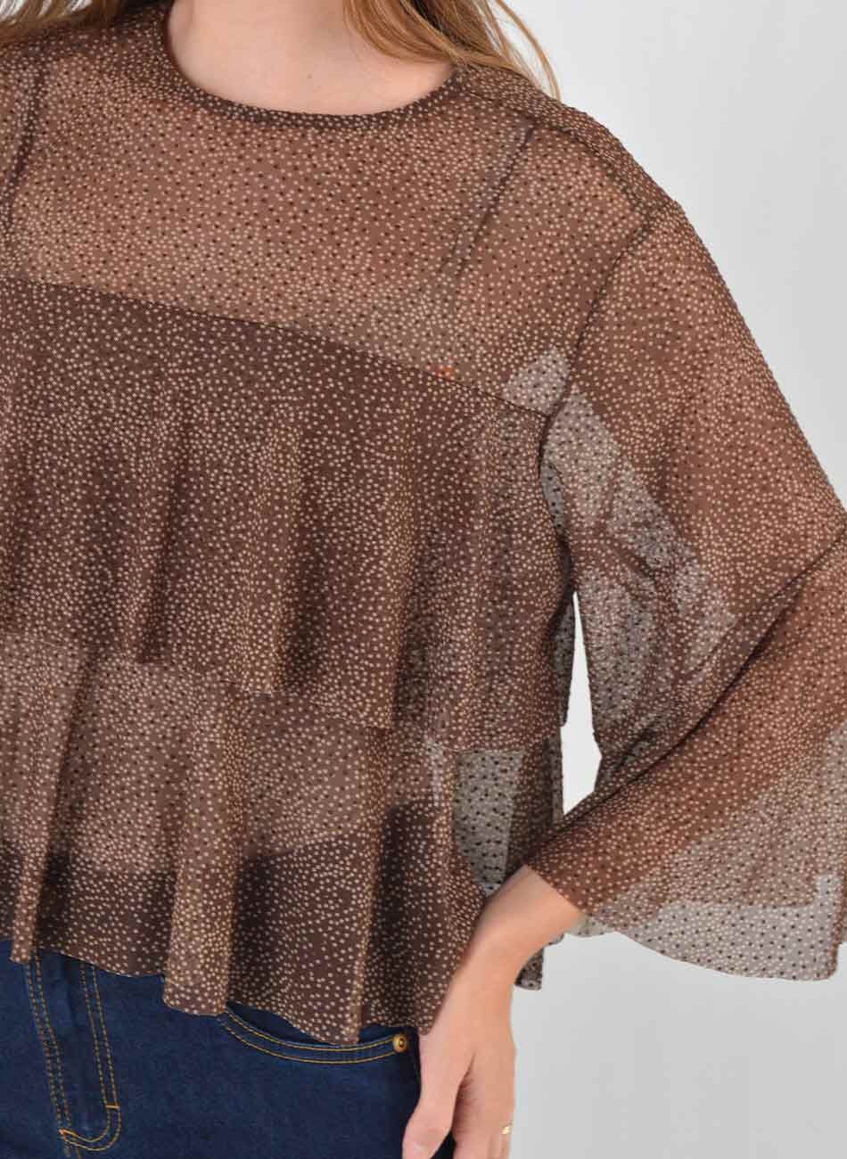 Blusa com Babado Tule Estampado Preto Del Amo  - Foto 2