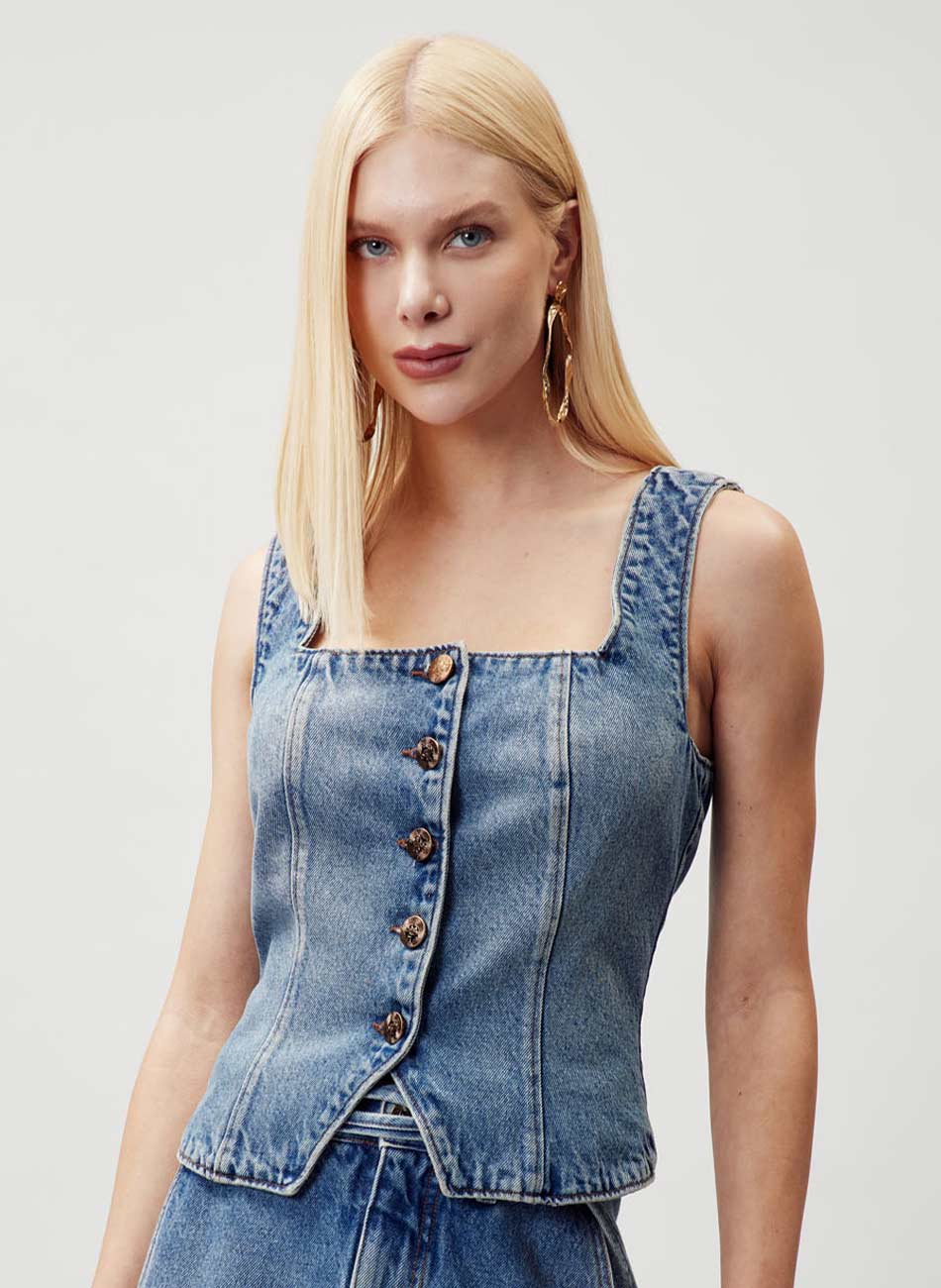 Colete Alfaiataria Jeans Flor De Lis - Foto 1