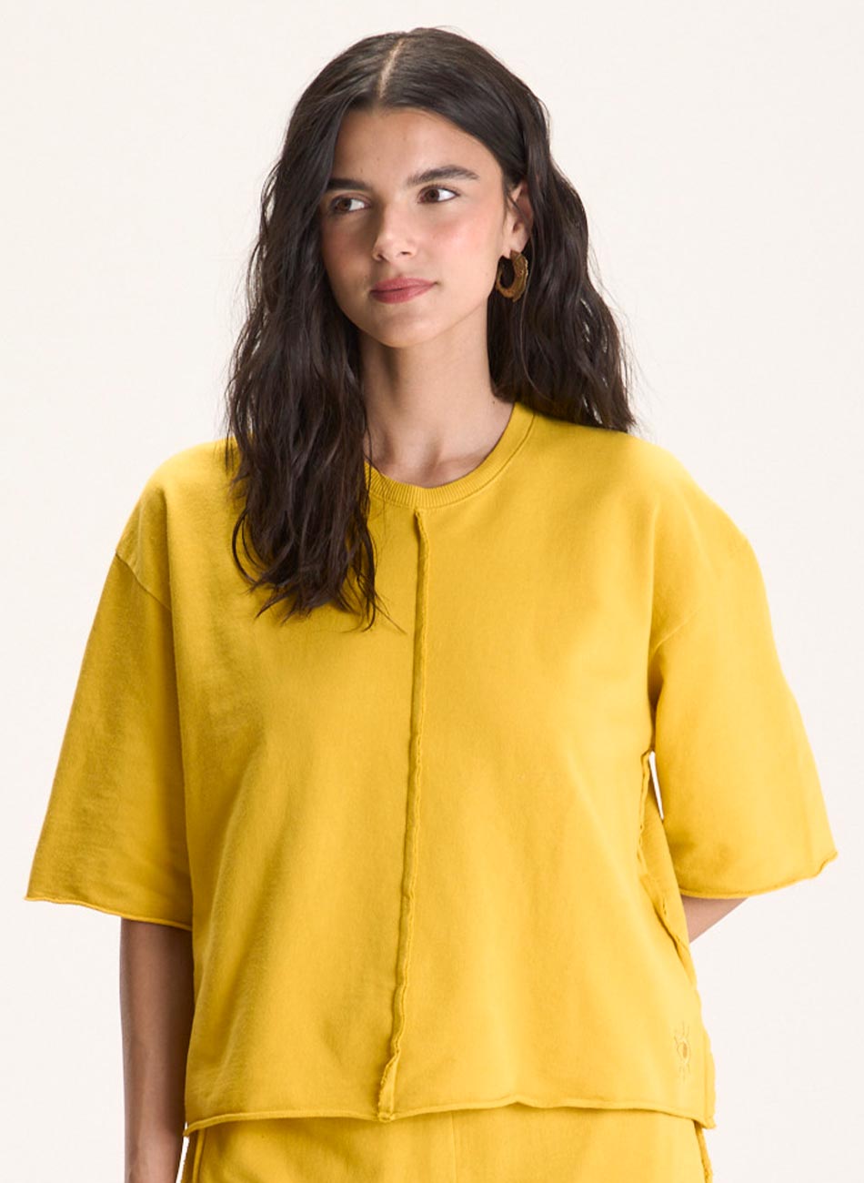 Blusa Moletinho Recortes Mostarda Cant�o - Foto 1