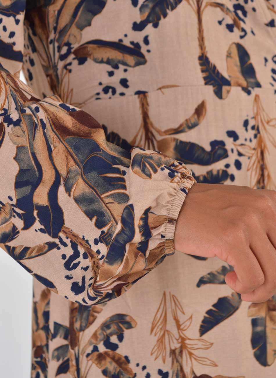 Vestido Bege Ch� Estampado Com Mangas Longas Lez a Lez - Foto 3