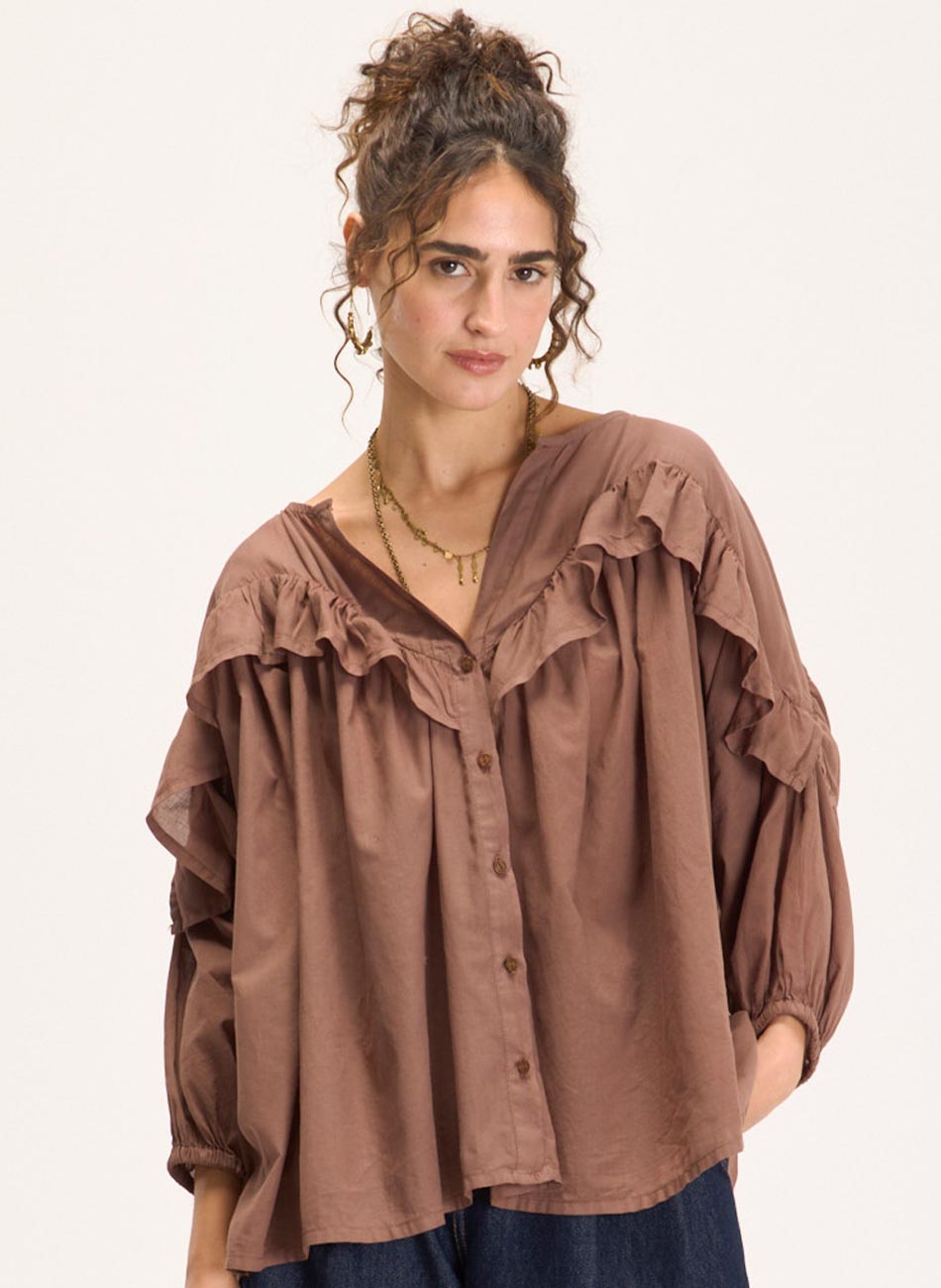 Camisa Marrom voil Boho Babados Cant�o - Foto 3