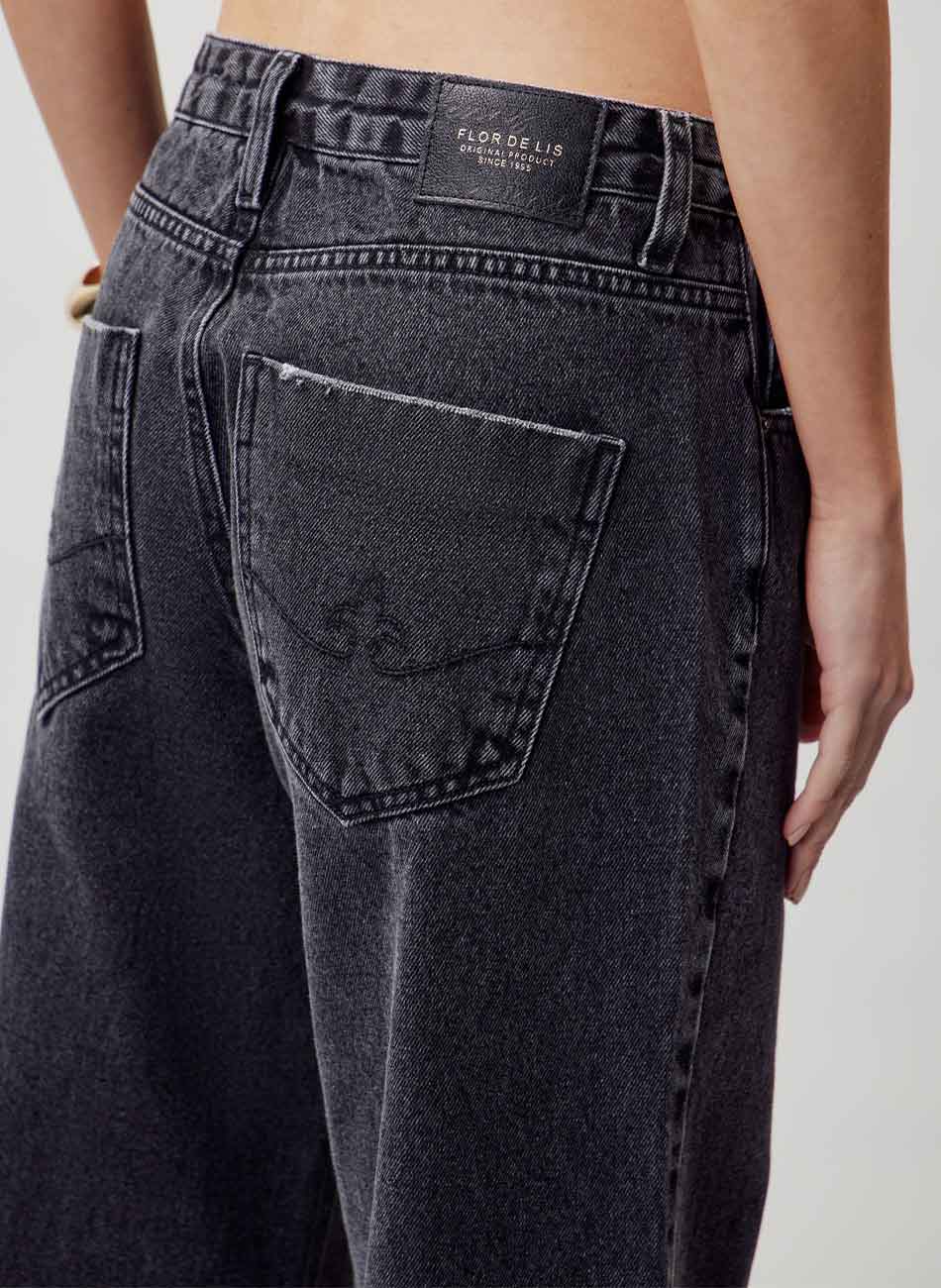Cal�a Jeans Preto Turmalina Wide Leg Flor de Lis - Foto 3