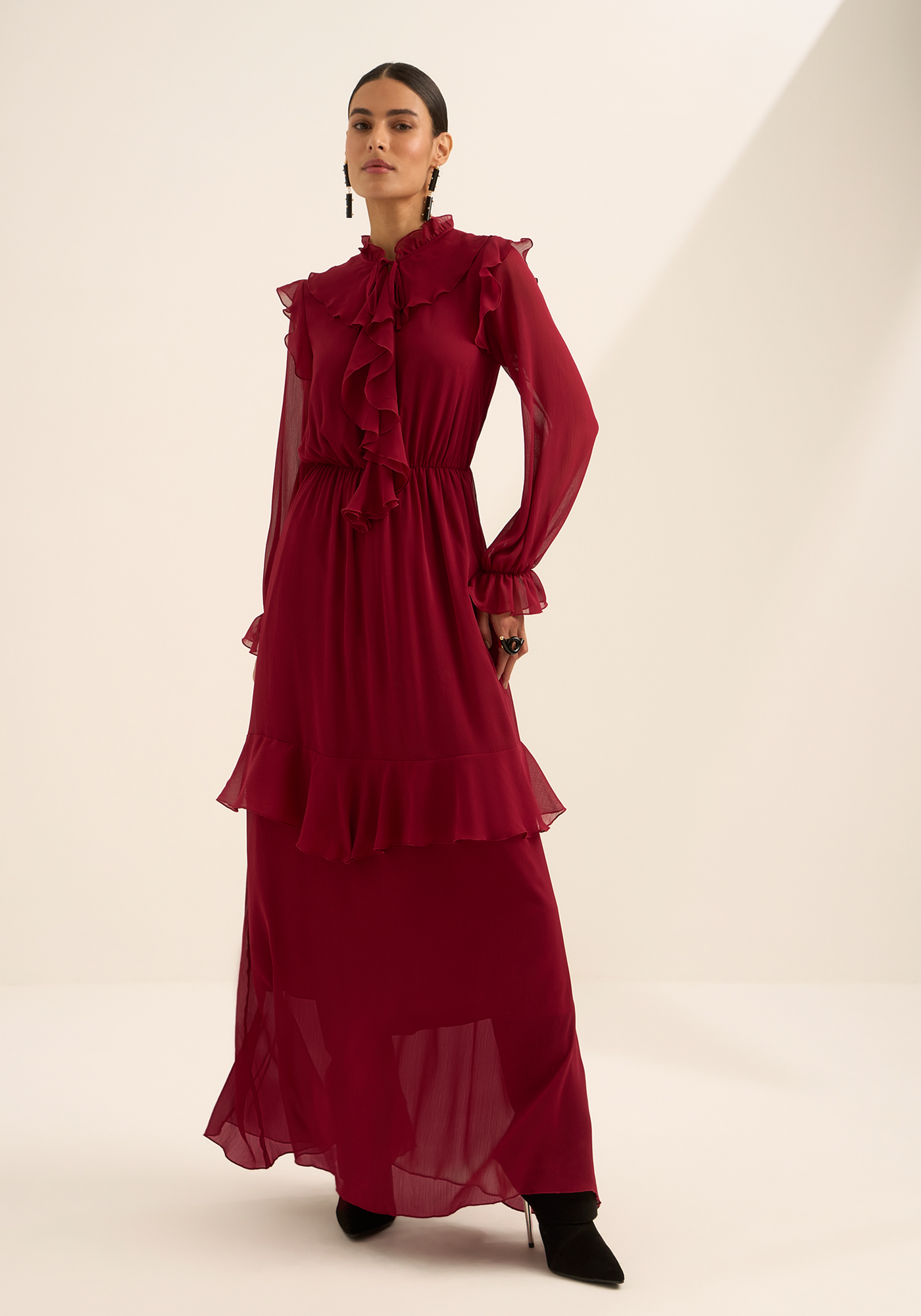 Vestido Bordo Longo Com Babados Lez a Lez - Foto 4
