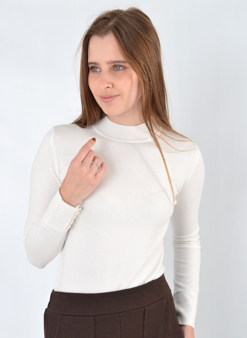Blusa B�sica Tricot Gola Alta Cor Off White Alpelo  - Foto 1