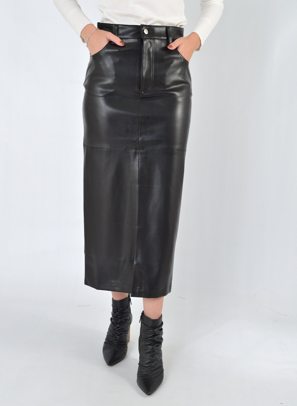 Saia Midi em PU Preto Talita Kume - Foto 1