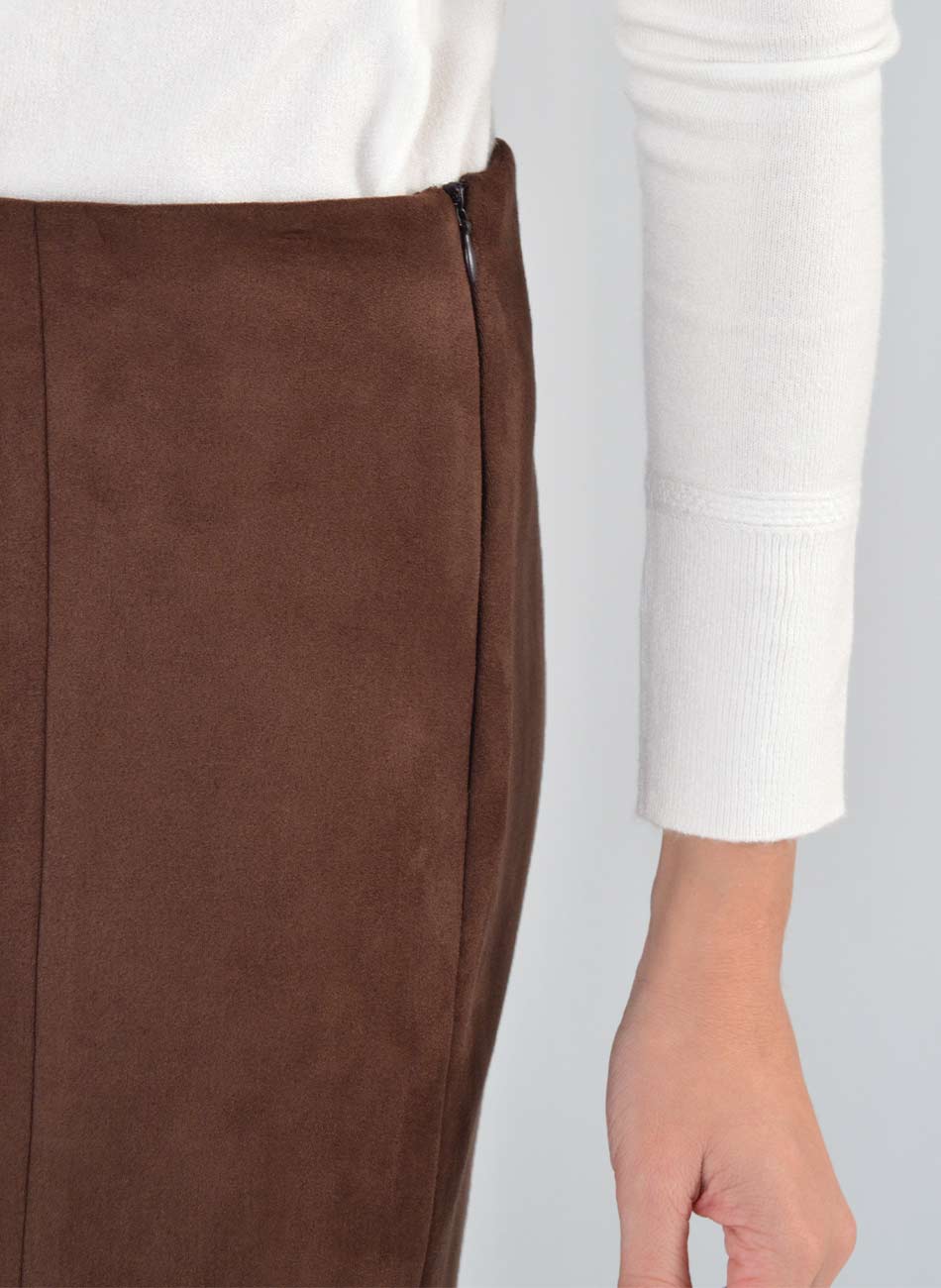 Saia Suede Midi Evase Marrom Elanova - Foto 2