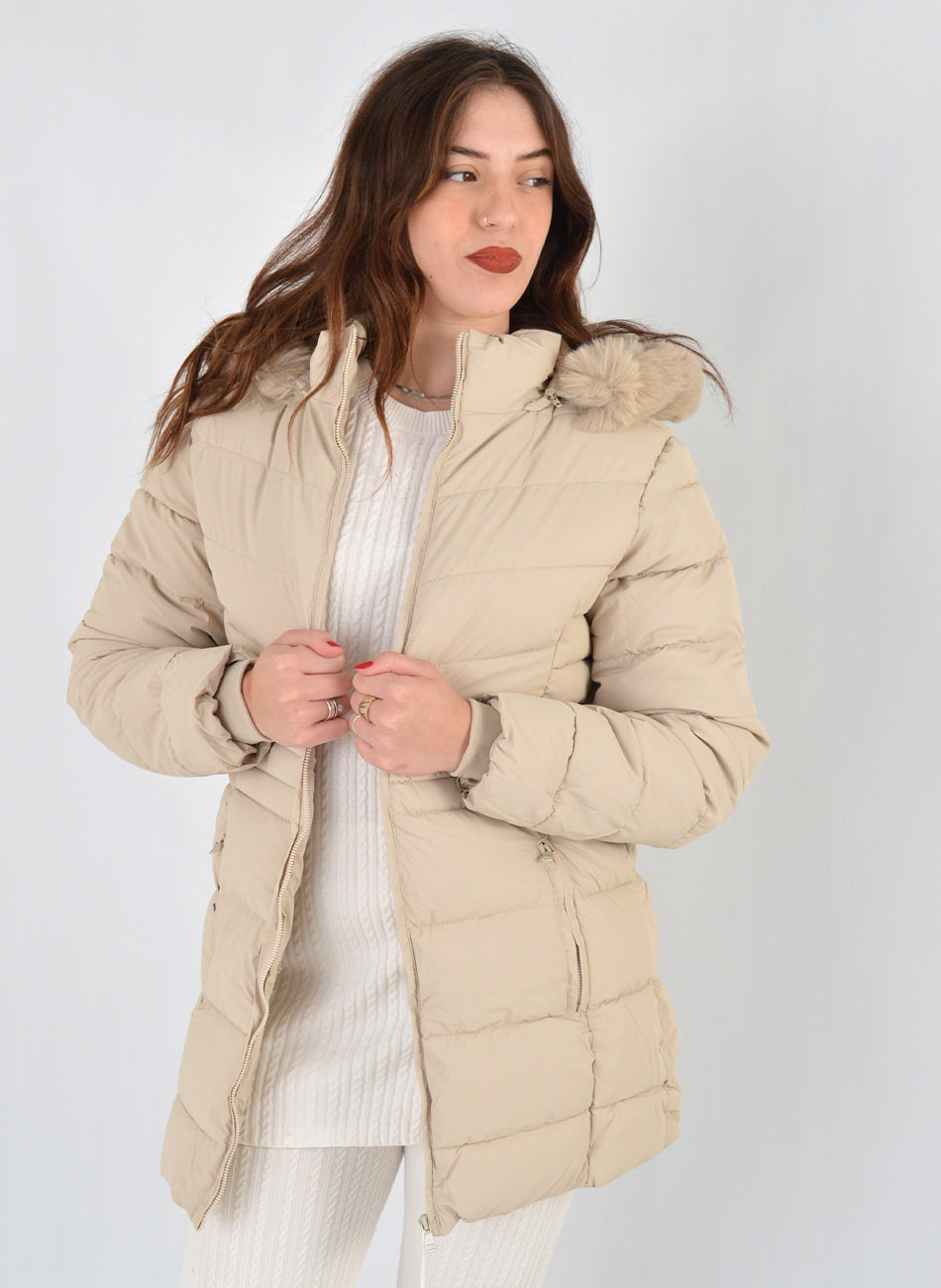 Jaqueta Estofada Capuz Pele Safira Fashion Cor Bege - Foto 1