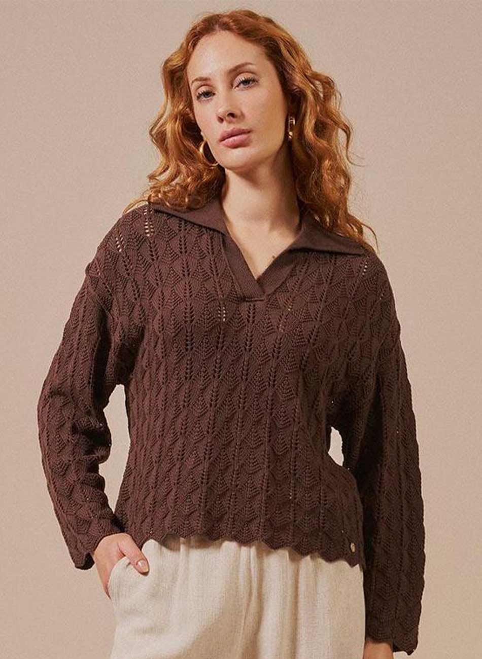Blusa Polo Tricot Ponto Leque Biamar Cacau - Foto 1