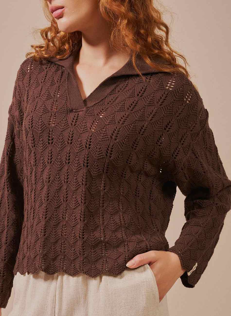 Blusa Polo Tricot Ponto Leque Biamar Cacau - Foto 2