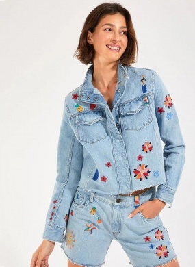 Jaqueta Jeans Cropped Bordada Cant�o - Foto 1