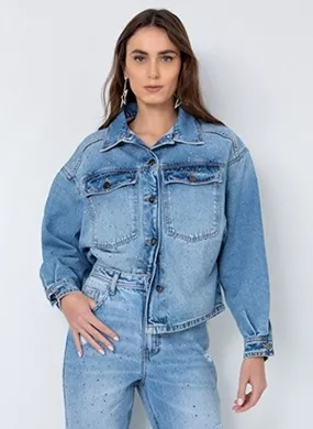 Camisa Jeans Aplicação Strass Flor de Lis - Foto 1