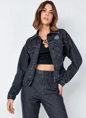 Jaqueta Jeans Preta Flor de Lis - Foto 1