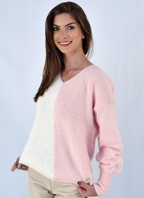 Blusa Tric� Bicolor Rosa e Branco Malhas Cida - Foto 1