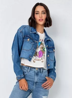 Jaqueta Jeans Trucker Cropped Com Strass Flor De Lis - Foto 1