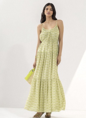 Vestido Longo Estampado Com Amarra��o Cintura Cor Lima Lez a Lez  - Foto 1