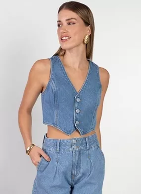 Colete Alfaiataria Jeans Feminino Flor De Lis - Foto 1