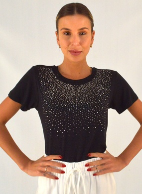 Blusa T-shirt Preta Com Aplica��o De Strass Color Full - Foto 1