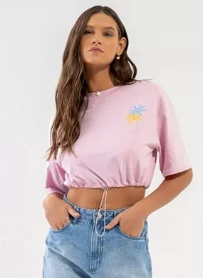 T-shirt Cropped em Malha Prime com Regulador Cor Rosa Lez a Lez - Foto 1