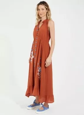 Vestido Midi De Algodão Enrugado Poá Cor Canela Cantão  - Foto 2