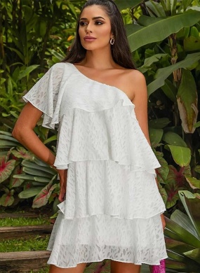 Vestido Curto Um Ombro Com Babados Off White Egoiste  - Foto 2