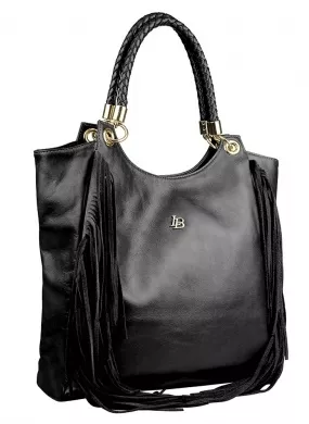 Bolsa Couro Franjas Preta Alça Trançada Linea Bella  - Foto 1