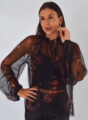 Blusa Manga Longa Bufante Em Tule Estampado Preto Lez a Lez - Foto 1