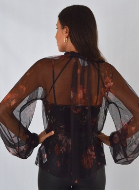 Blusa Manga Longa Bufante Em Tule Estampado Preto Lez a Lez - Foto 3
