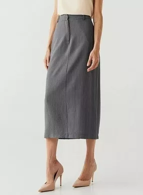 Saia Midi Viscose Reta Risca De Giz Chumbo Innocence - Foto 1