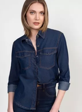 Camisa Jeans Azul Escuro Flor de Lis - Foto 1