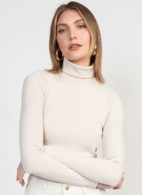 Blusa Viscolycra Gola Rol� Flor de Lis Cor Off White - Foto 1