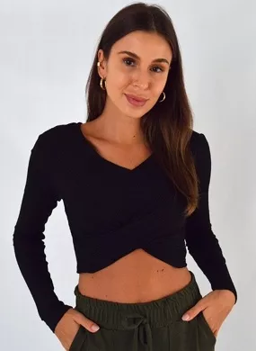 Blusa Cropped Canelada Preta Flor de Lis  - Foto 1