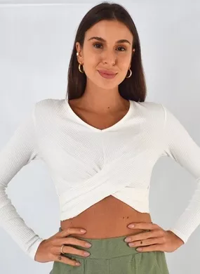 Blusa Cropped Canelada Off White Flor de Lis  - Foto 1