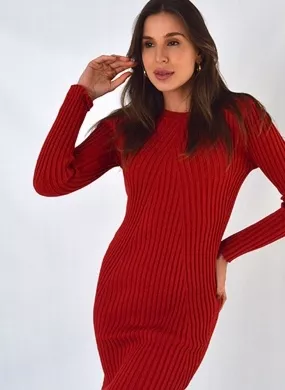 Vestido Tricot Canelado Longo Cor Vermelho Malhas Gida - Foto 2
