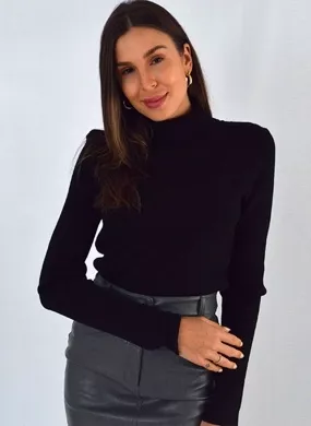 Blusa Canelada Com Gola Alta Toque Cachemir Susan Zheng Preto - Foto 4