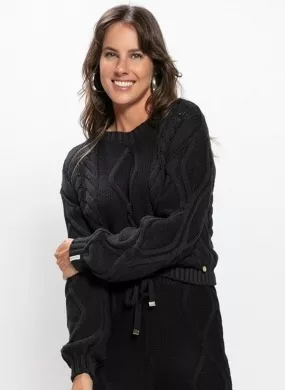 Blusa Malha Algodão Gola Canoa Biamar Preta - Foto 1