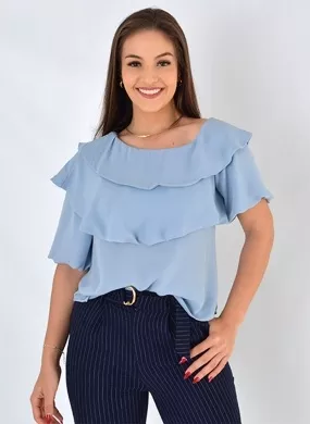 Blusa Ombro Caído Gatos e Atos Azul - Foto 1