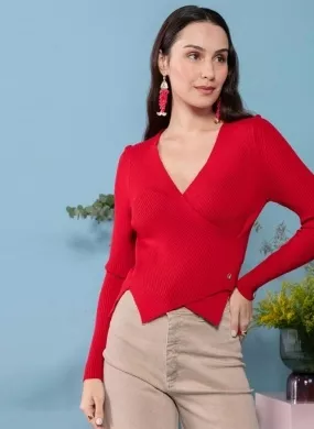 Blusa Tricot Canelada Transpassada Biamar Cor Vermelha - Foto 2