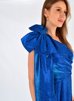 Vestido Longo Um Ombro S� Lurex Azul Urban Race - Foto 4