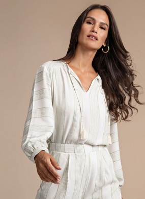 Blusa Bata Viscolinho Listras Flor de Lis - Foto 3
