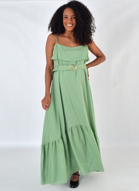 Vestido Em Viscolinho Longo Com Cinto Kaele Verde - Foto 1